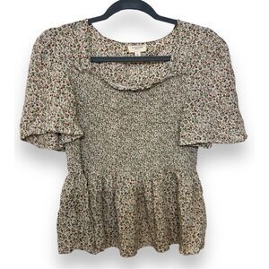 Orange Creek Square Neck Floral Ruffled Peplum Top Cropped Size L Short Sleeve